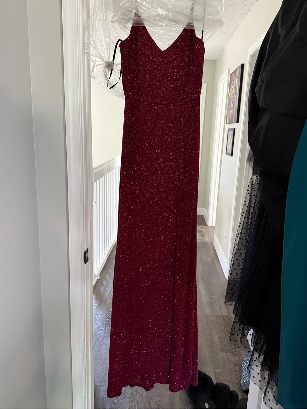 Windsor Shimmery Burgundy V-Neck Evening Gown